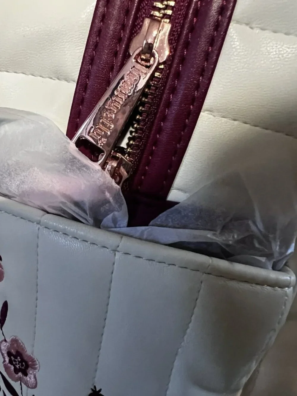 Loungefly Backpack Ivory Quilted Floral Embroidery Burgundy Accents NWT